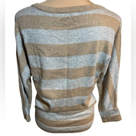 Garnet Hill Womens Sweater Size Small Gold Silver Metallic Stripe Cashmere Blend - Picture 2 of 7